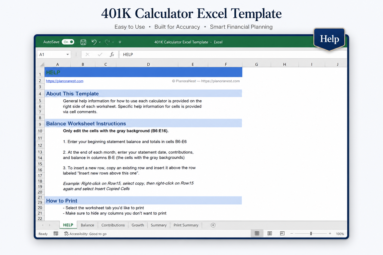 spreadsheet to calculate 401k over time screenshot — PlanoraNest Excel template