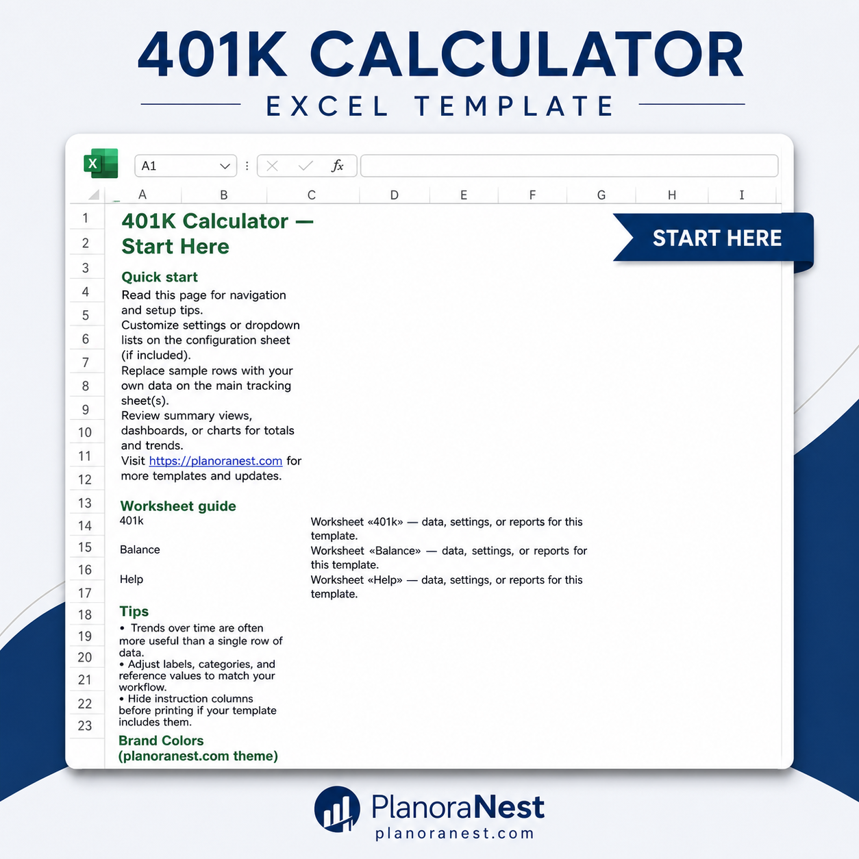 401k paycheck calculator spreadsheet start here screenshot — PlanoraNest Excel template