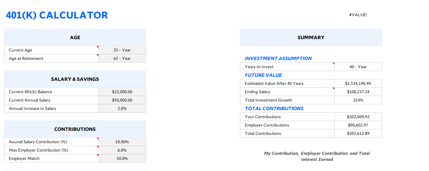excel 401k savings calculator template screenshot — PlanoraNest Excel template