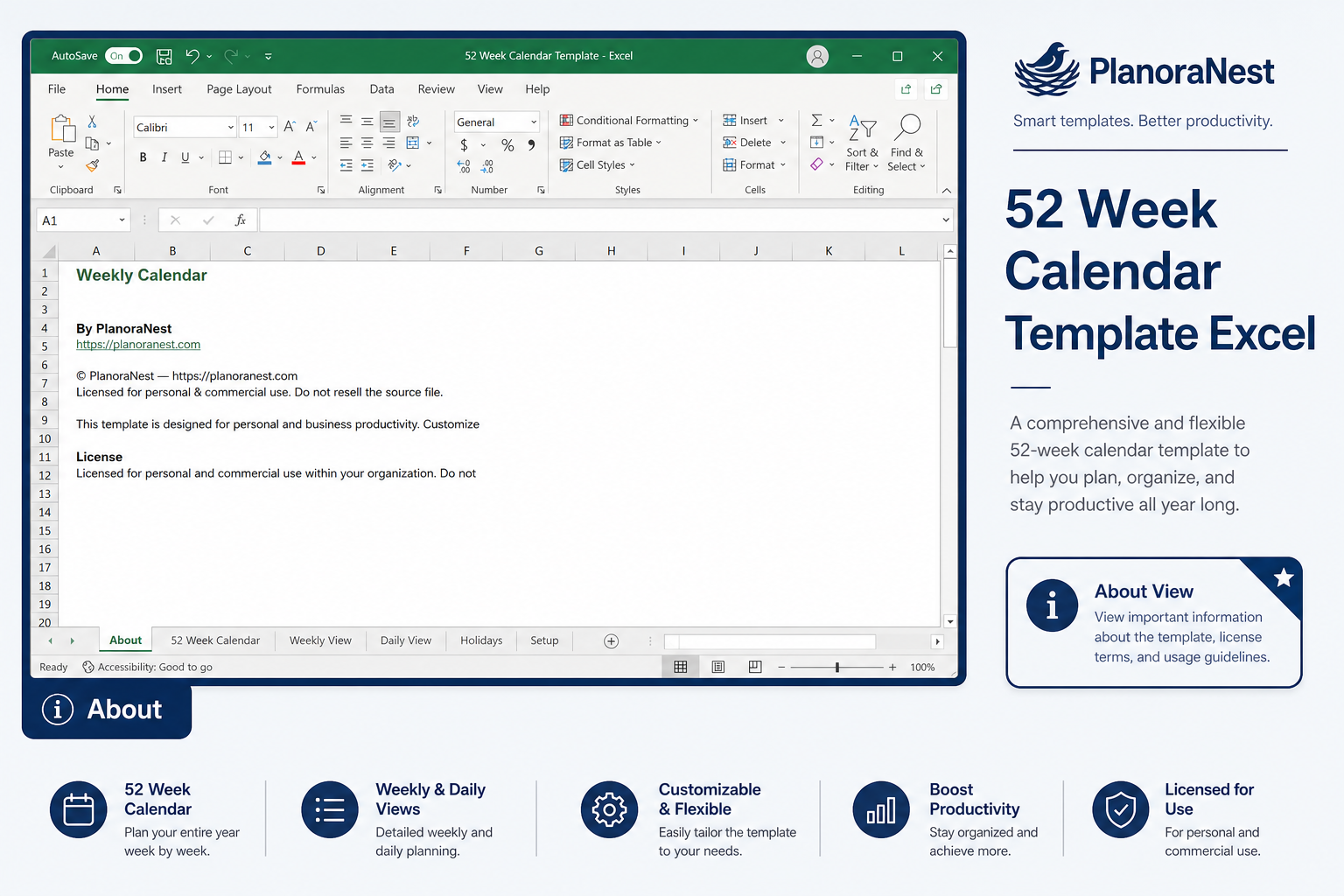 52 week calendar template excel — About sheet