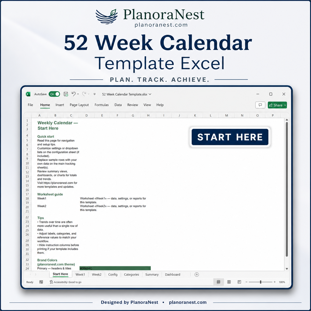 52 week calendar template excel — Start Here sheet