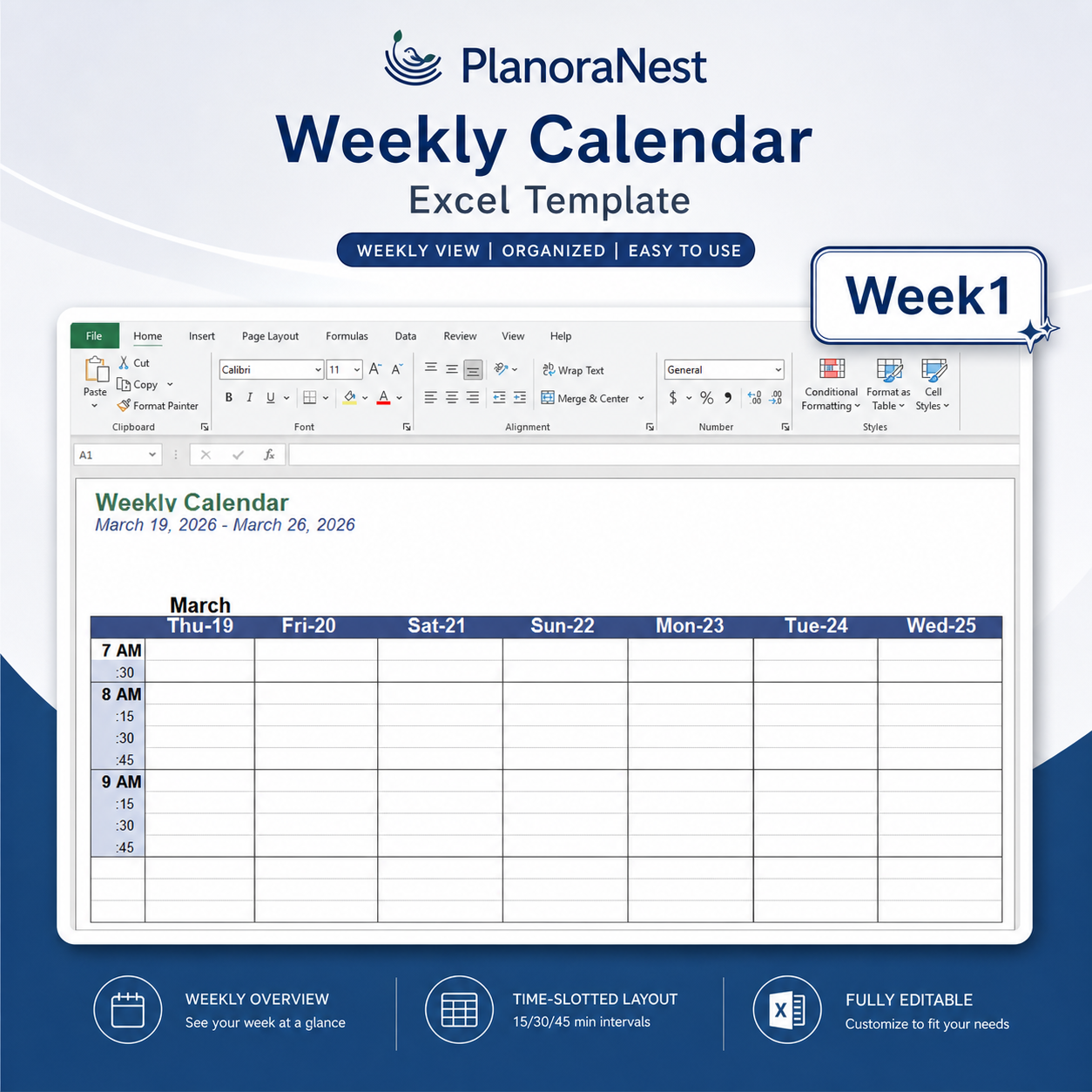 52 week calendar template excel — Week1 sheet