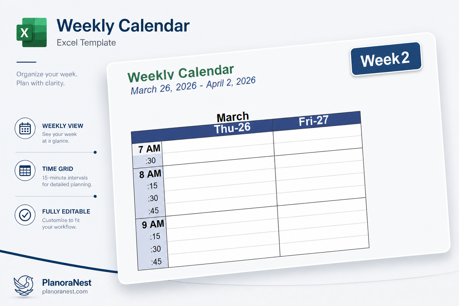 52 week calendar template excel — Week2 sheet