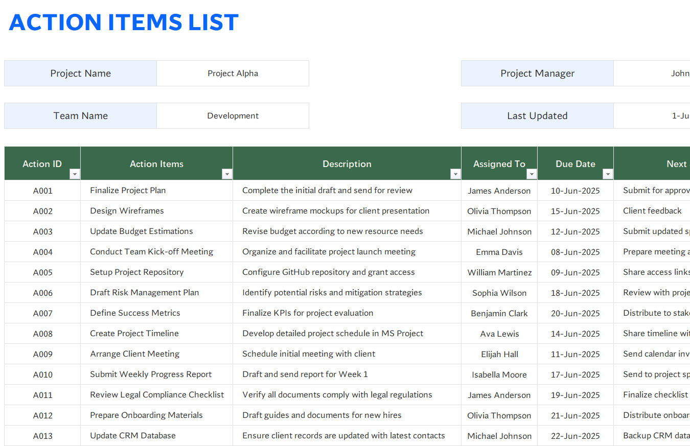 excel action items list template template screenshot — PlanoraNest Excel template