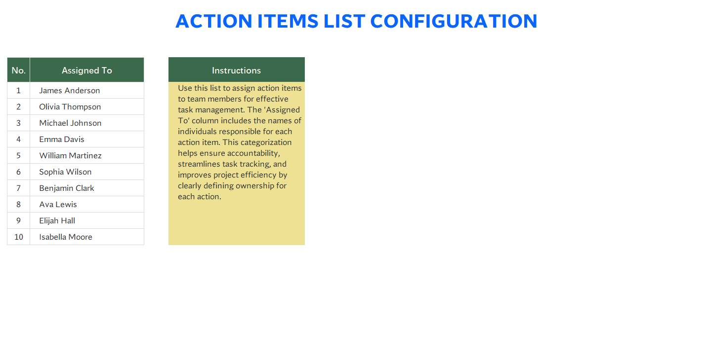 action items list template excel screenshot — PlanoraNest Excel template