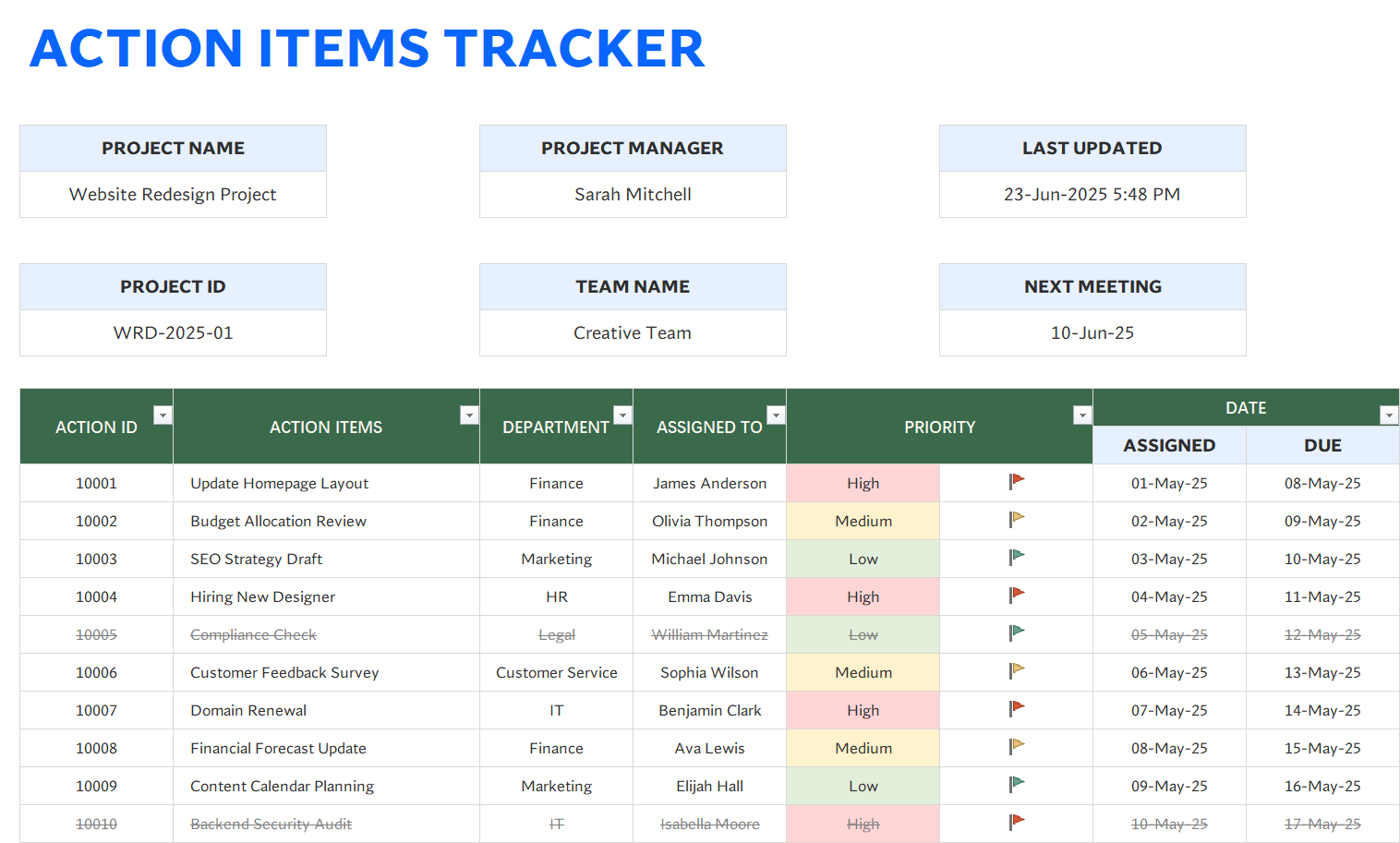 excel action items tracker template template screenshot — PlanoraNest Excel template