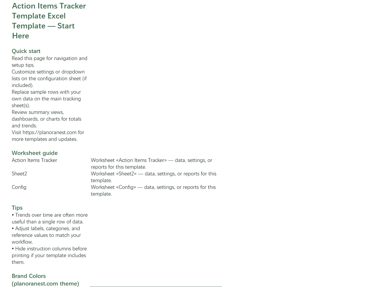 excel action items tracker template template start here screenshot — PlanoraNest Excel template
