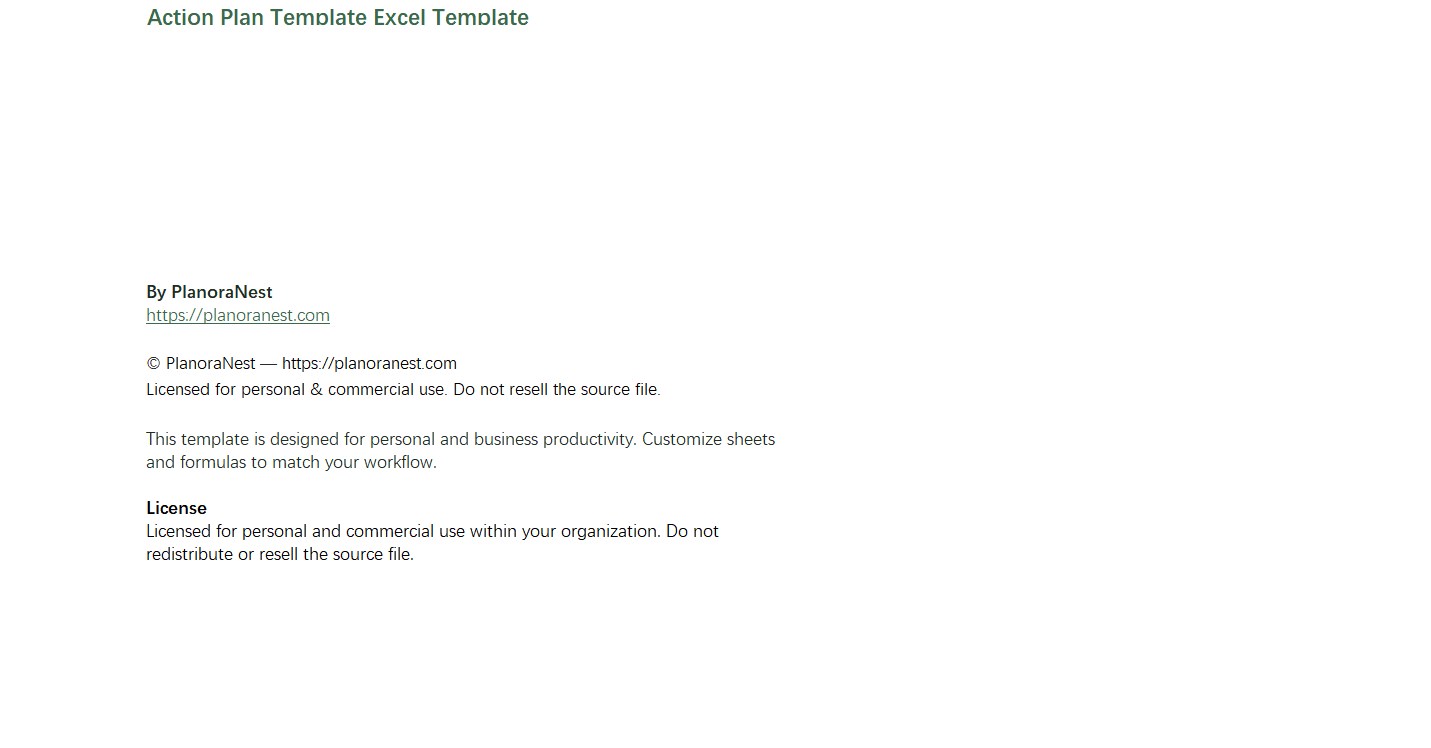 action plan template excel screenshot — PlanoraNest Excel template