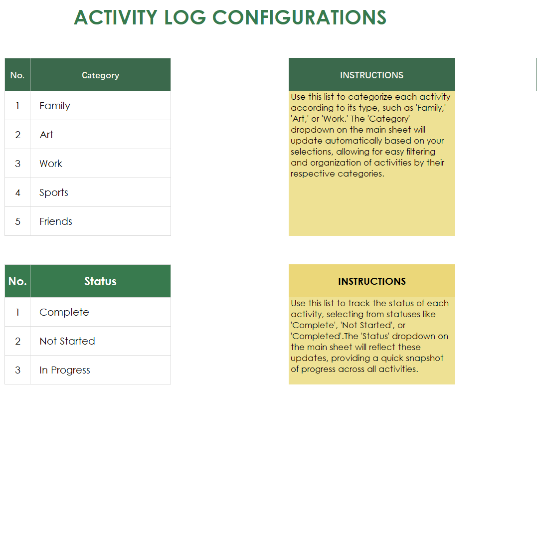 activity log template excel template screenshot — PlanoraNest Excel template
