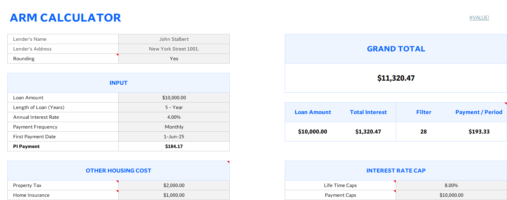 adjustable rate mortgage (arm) calculator excel template screenshot — PlanoraNest Excel template