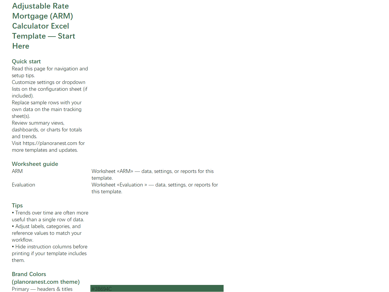 adjustable rate mortgage (arm) calculator excel template start here screenshot — PlanoraNest Excel template