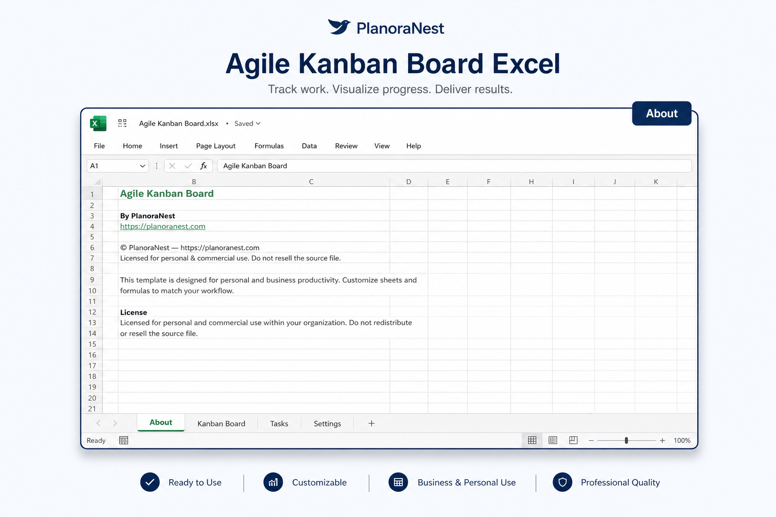 agile kanban board excel screenshot — PlanoraNest Excel template