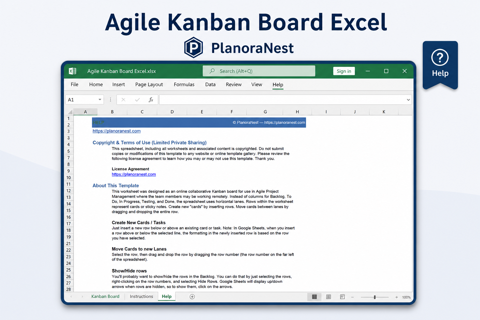 agile kanban board excel screenshot — PlanoraNest Excel template