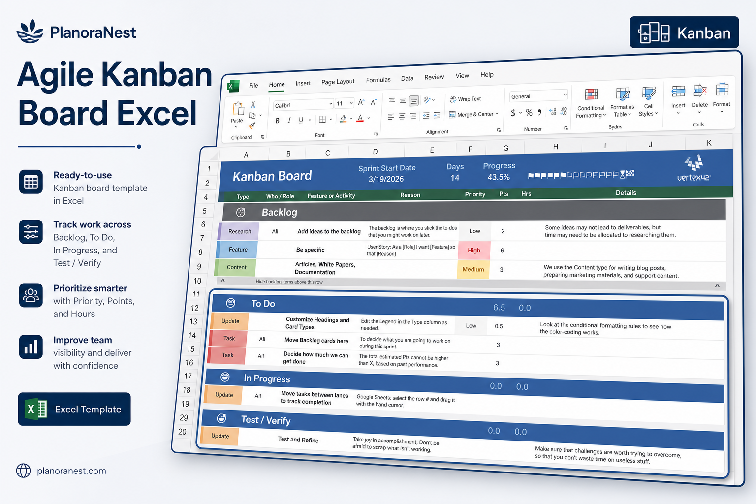 agile kanban board excel screenshot — PlanoraNest Excel template