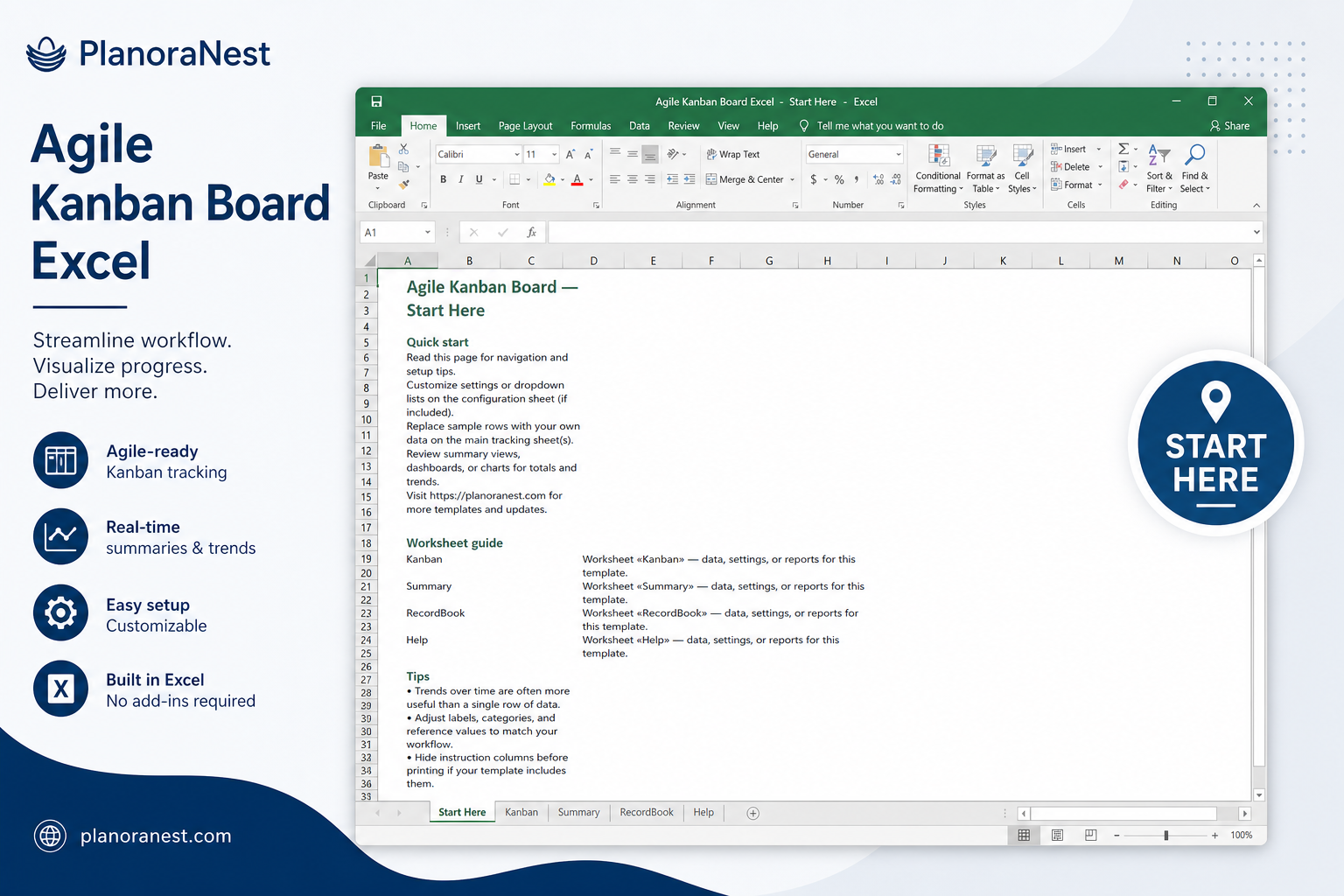 agile kanban board excel start here screenshot — PlanoraNest Excel template
