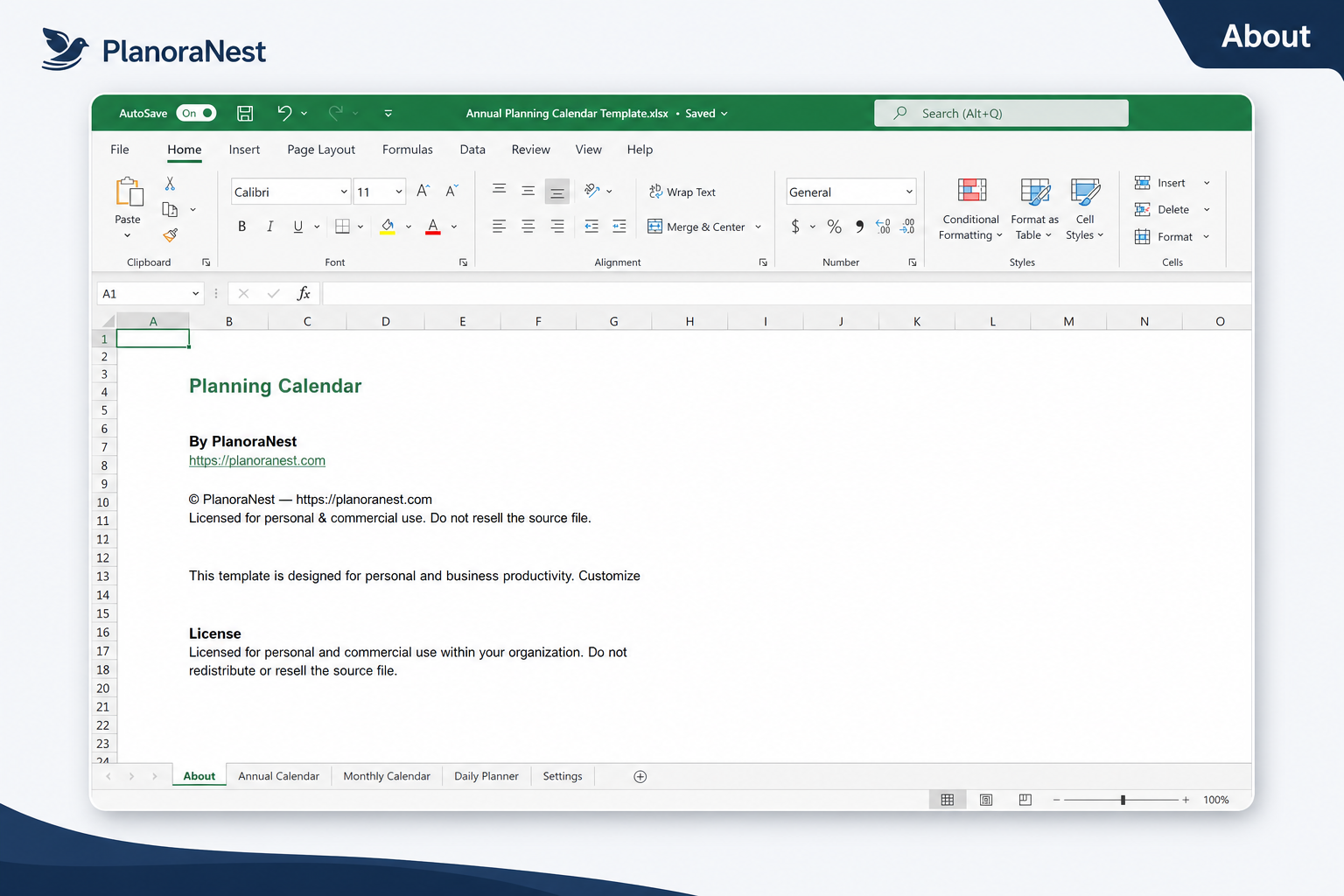 annual planning calendar template excel — About sheet