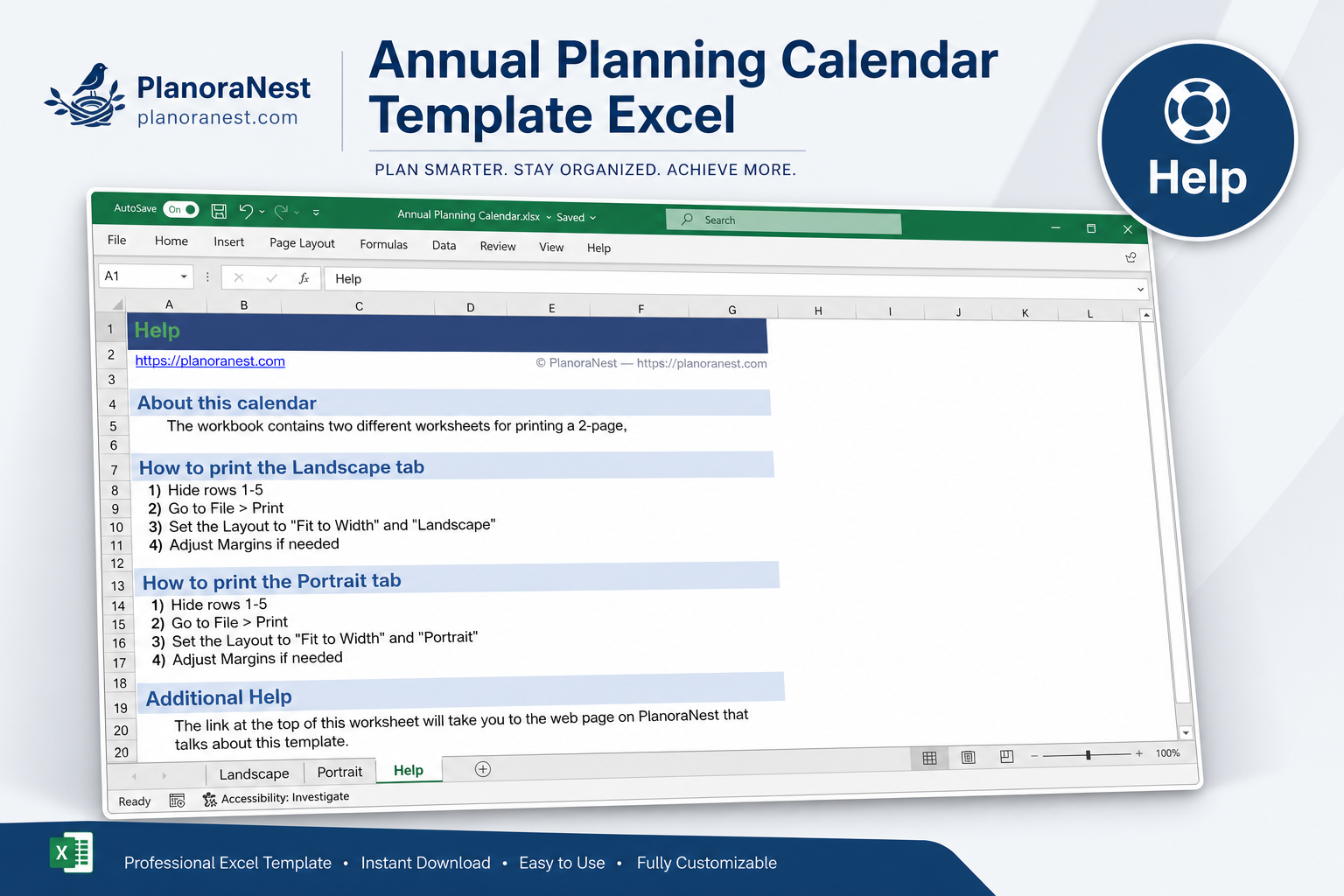 annual planning calendar template excel — Help sheet