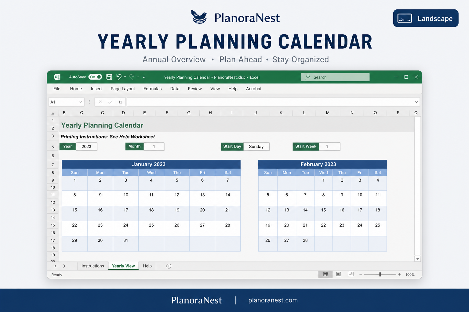 annual planning calendar template excel — Landscape sheet