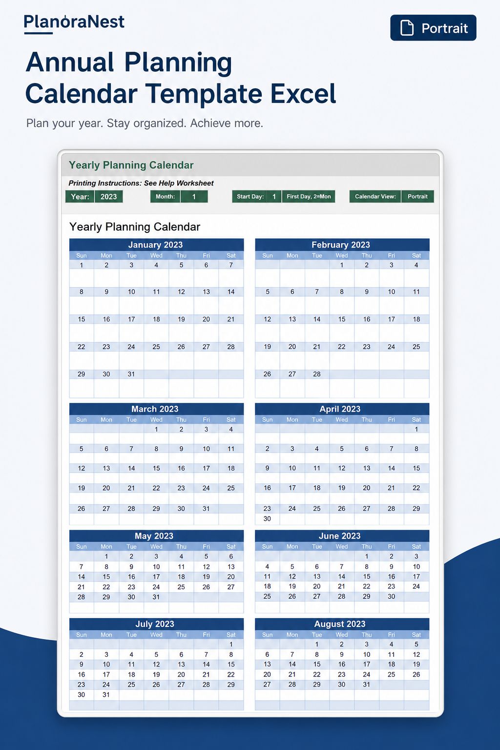 annual planning calendar template excel — Portrait sheet
