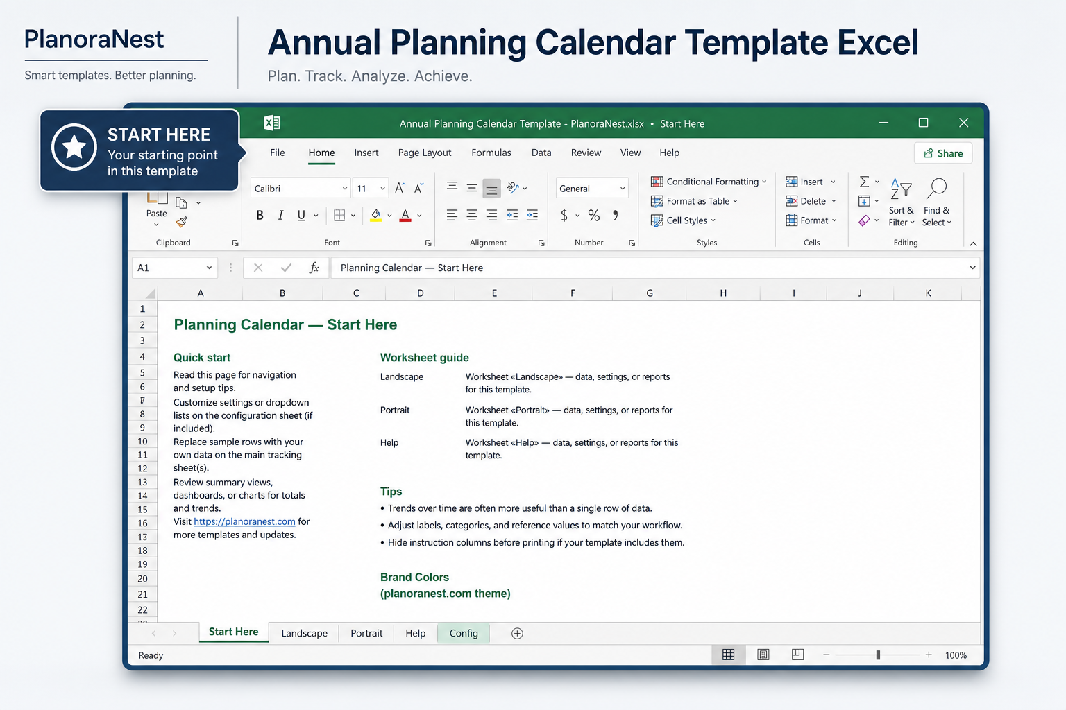 annual planning calendar template excel — Start Here sheet