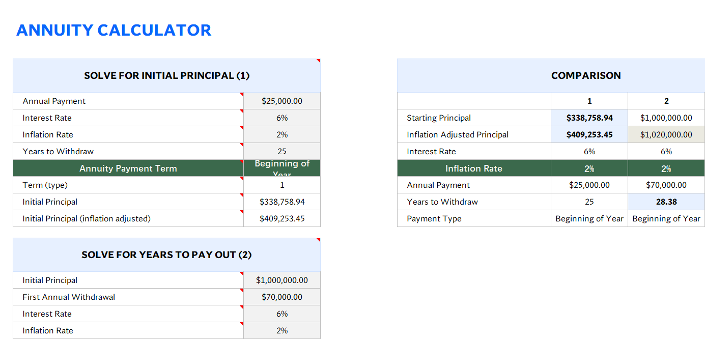 annuity calculator excel template screenshot — PlanoraNest Excel template
