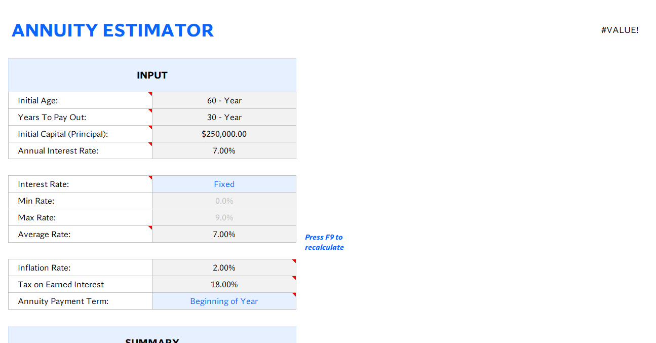 annuity calculator excel template screenshot — PlanoraNest Excel template
