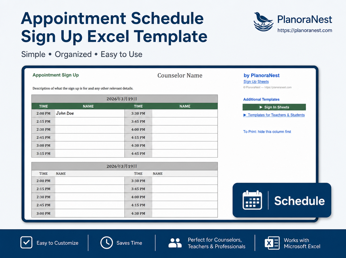 appointment schedule sign up excel screenshot — PlanoraNest Excel template