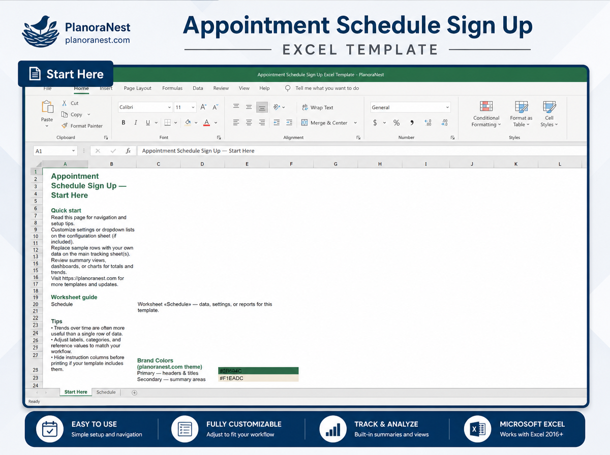 appointment schedule sign up excel template — Start Here sheet