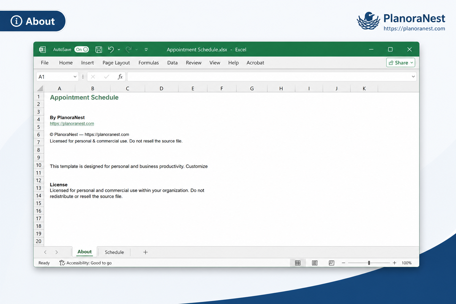 daily appointment schedule template excel screenshot — PlanoraNest Excel template