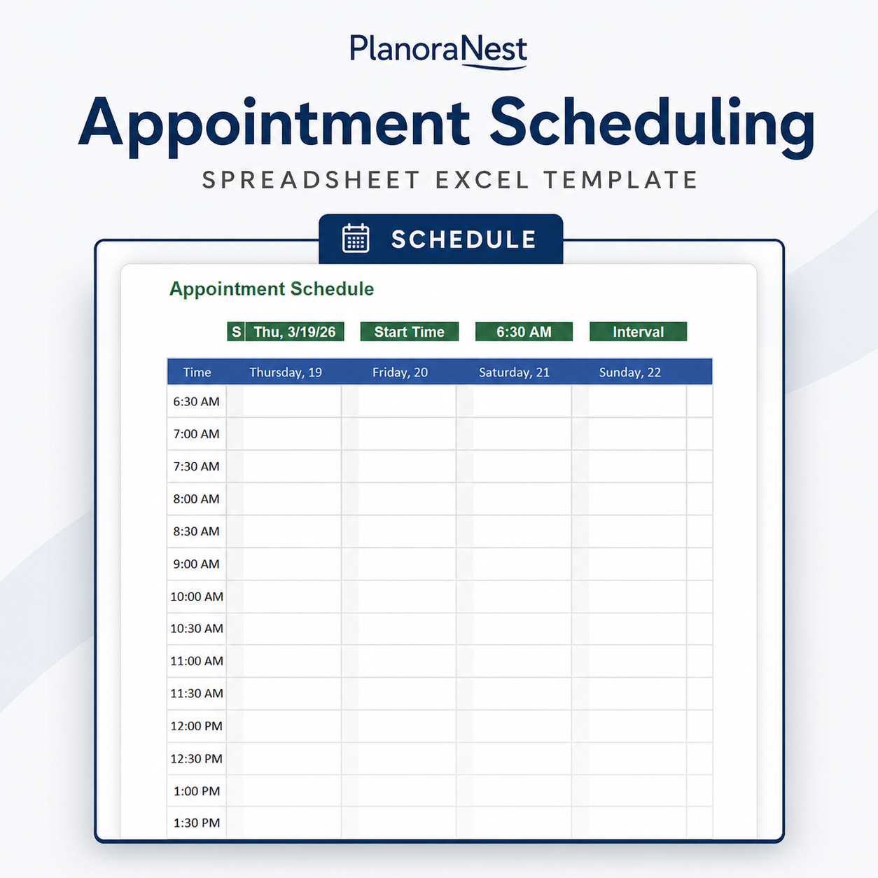 microsoft excel appointment scheduler template screenshot — PlanoraNest Excel template