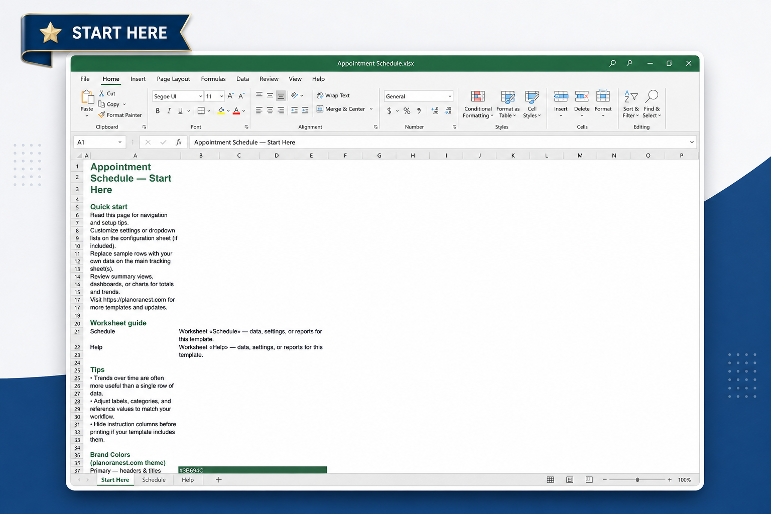 monthly appointment schedule template excel start here screenshot — PlanoraNest Excel template