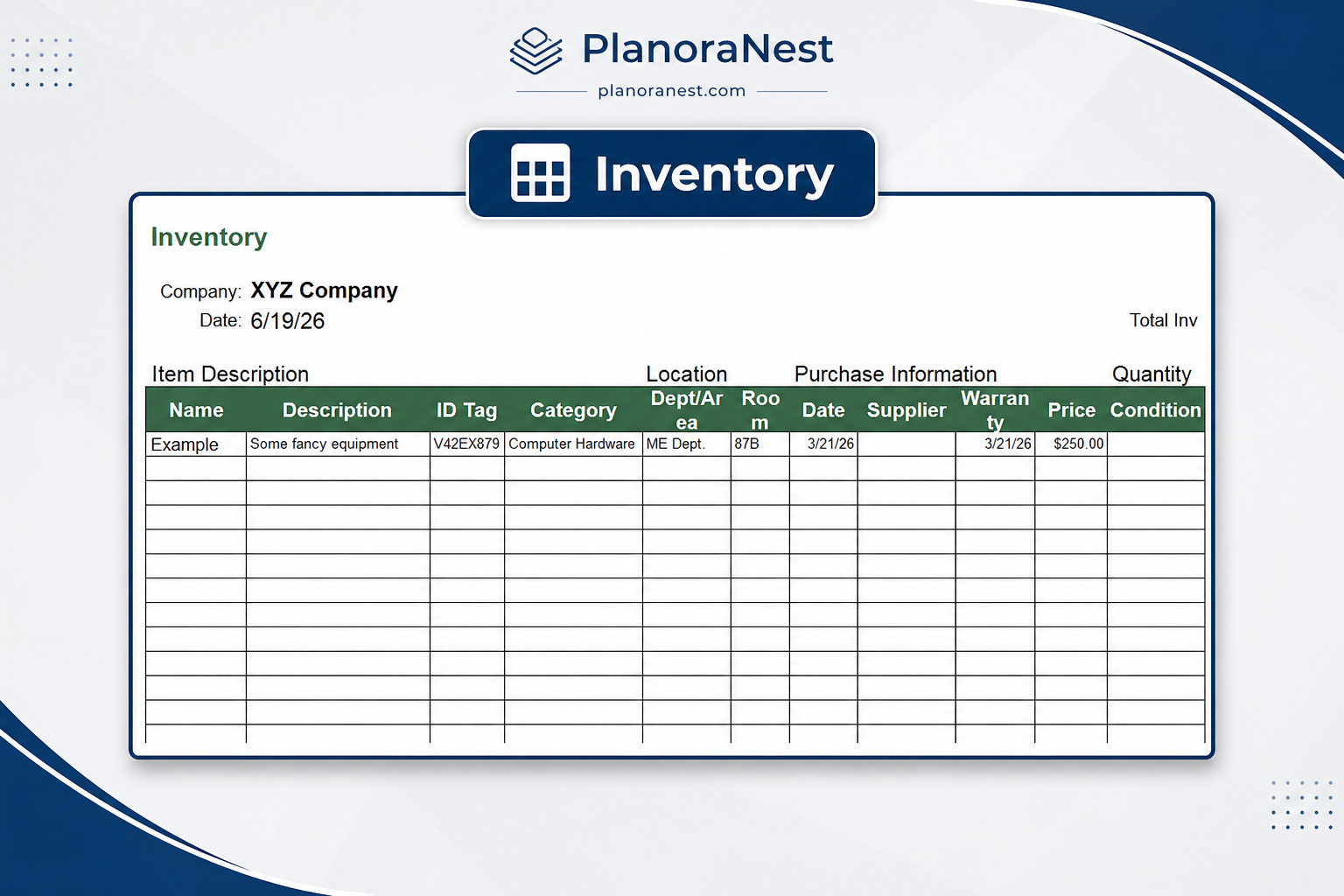 asset management tracking excel template screenshot — PlanoraNest Excel template