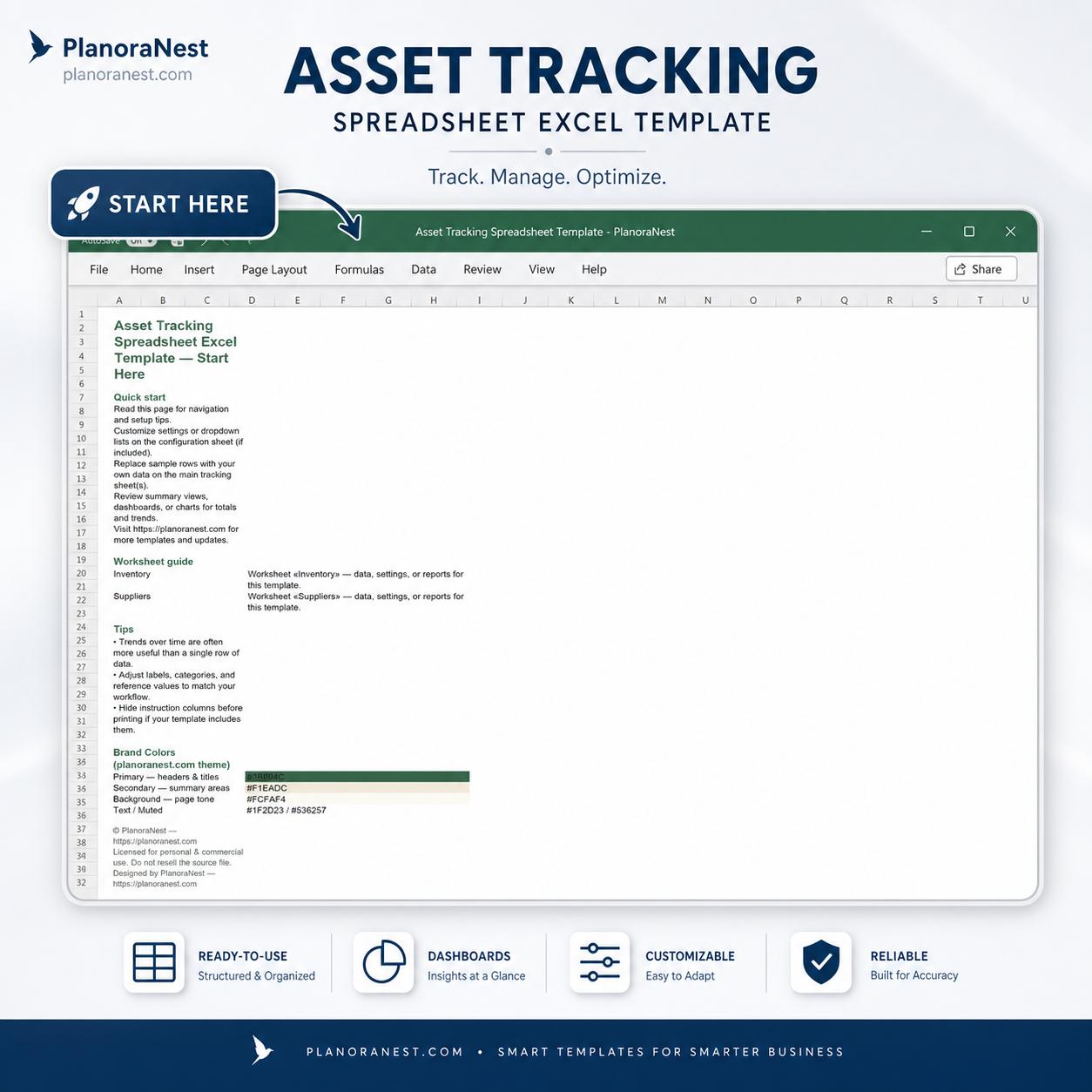 computer asset tracking excel template start here screenshot — PlanoraNest Excel template