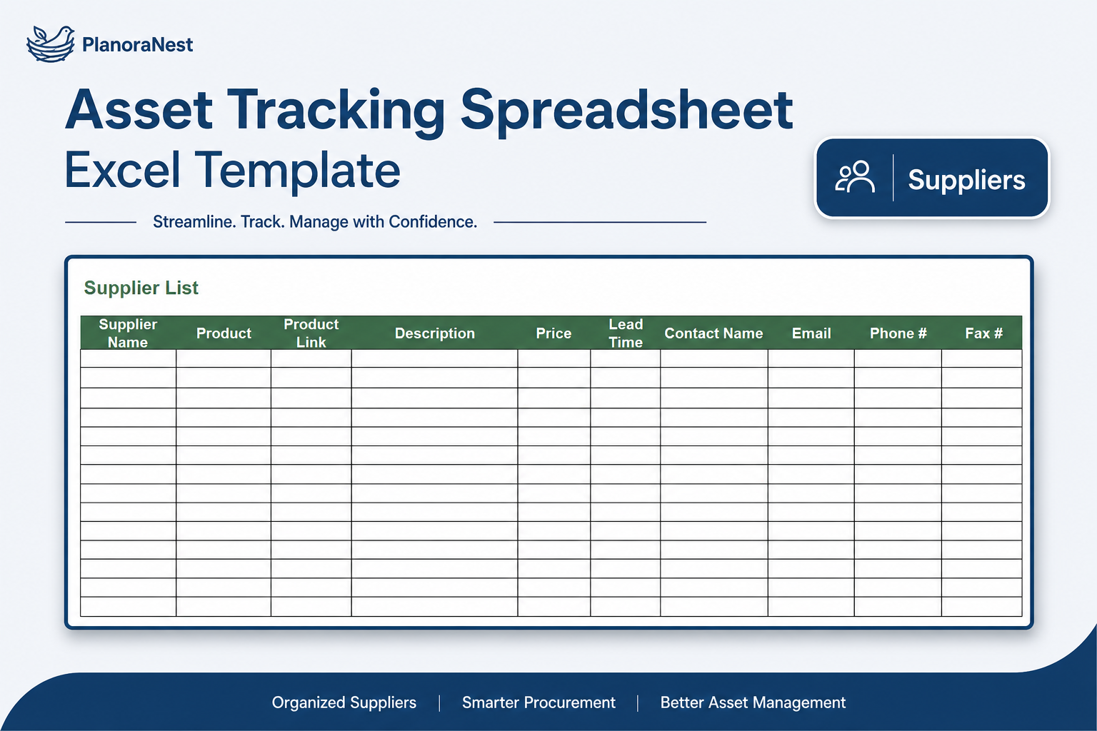 fixed asset tracking excel template screenshot — PlanoraNest Excel template