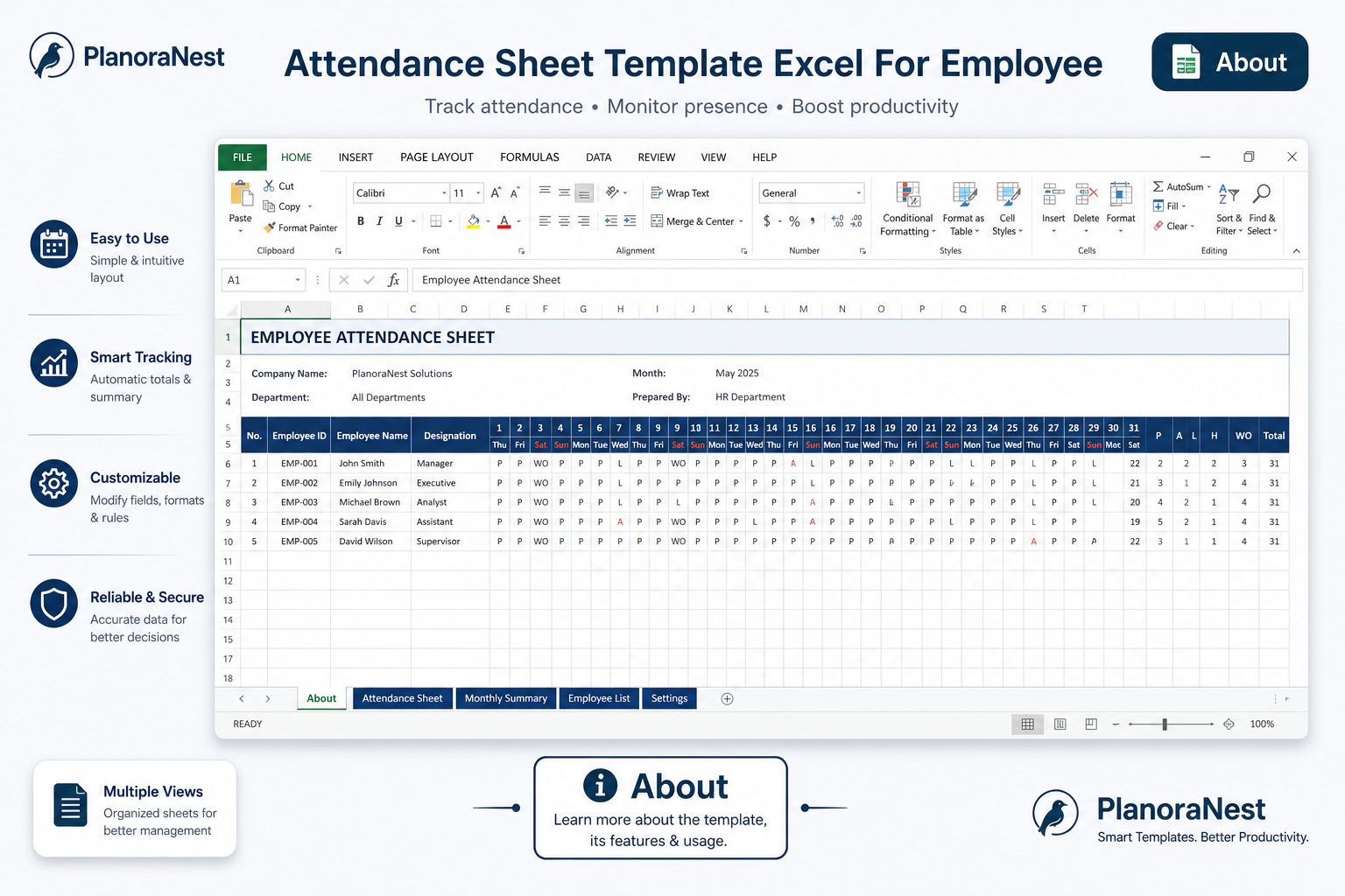 daily attendance sheet template excel screenshot — PlanoraNest Excel template