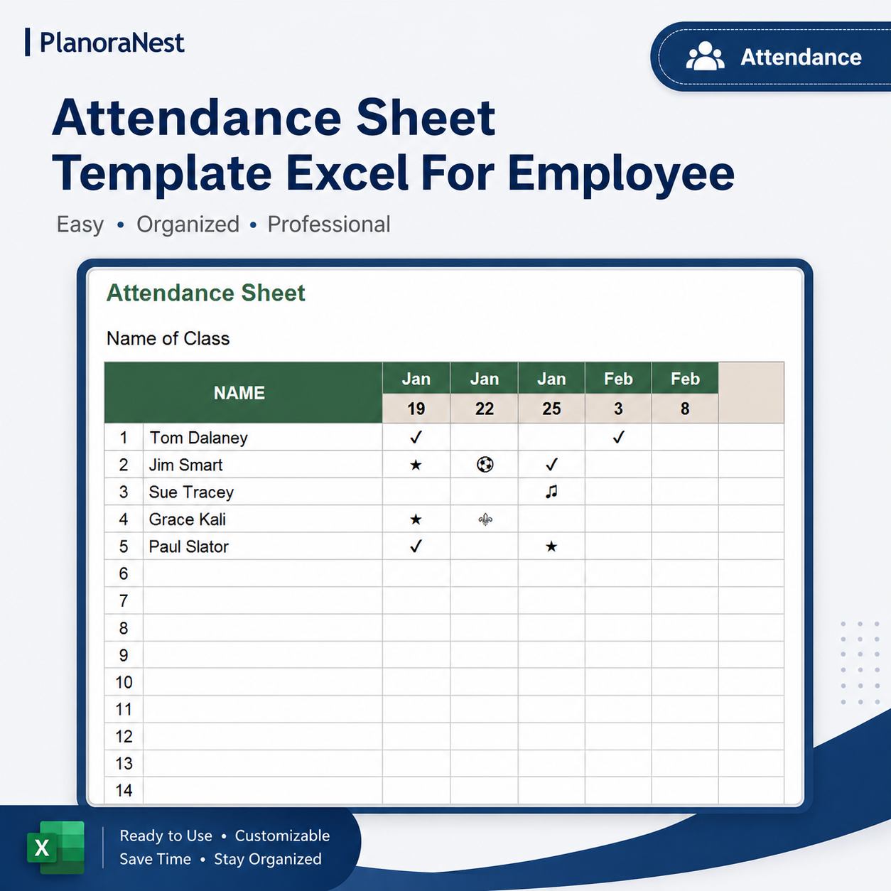 employee attendance sheet excel template screenshot — PlanoraNest Excel template
