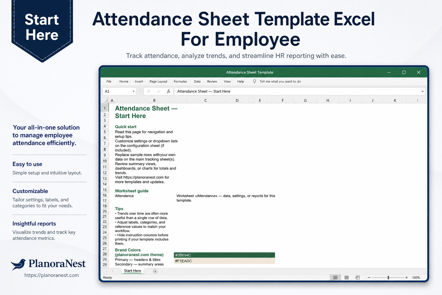 employee attendance sheet template excel start here screenshot — PlanoraNest Excel template