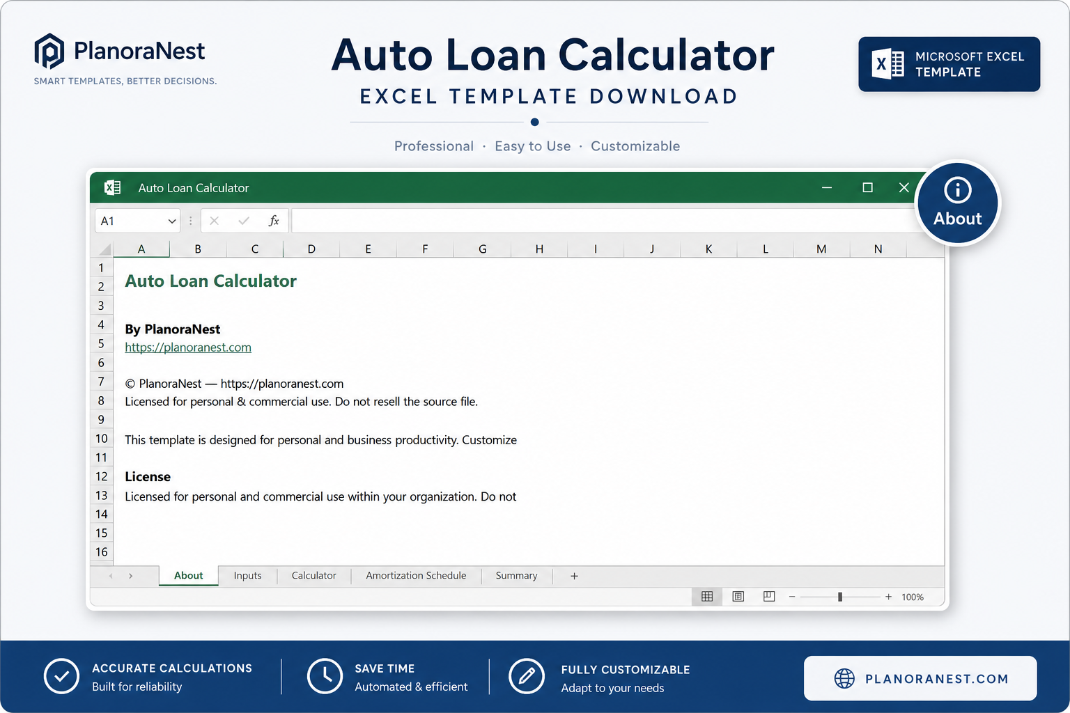 auto loan calculator excel template download — About sheet