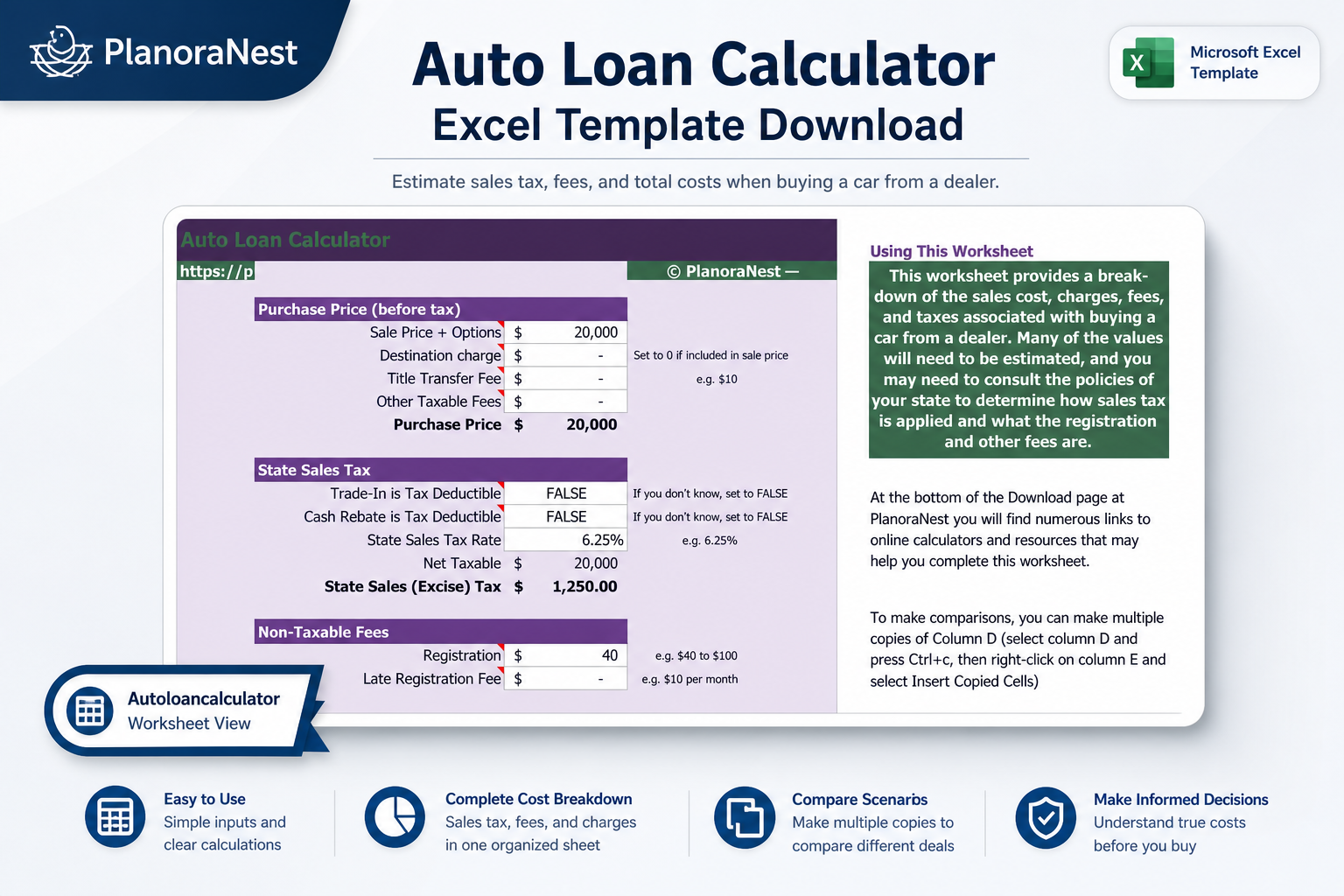 auto loan calculator excel template download — AutoLoanCalculator sheet