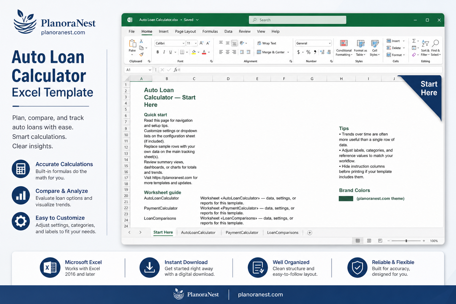 auto loan calculator excel template download — Start Here sheet