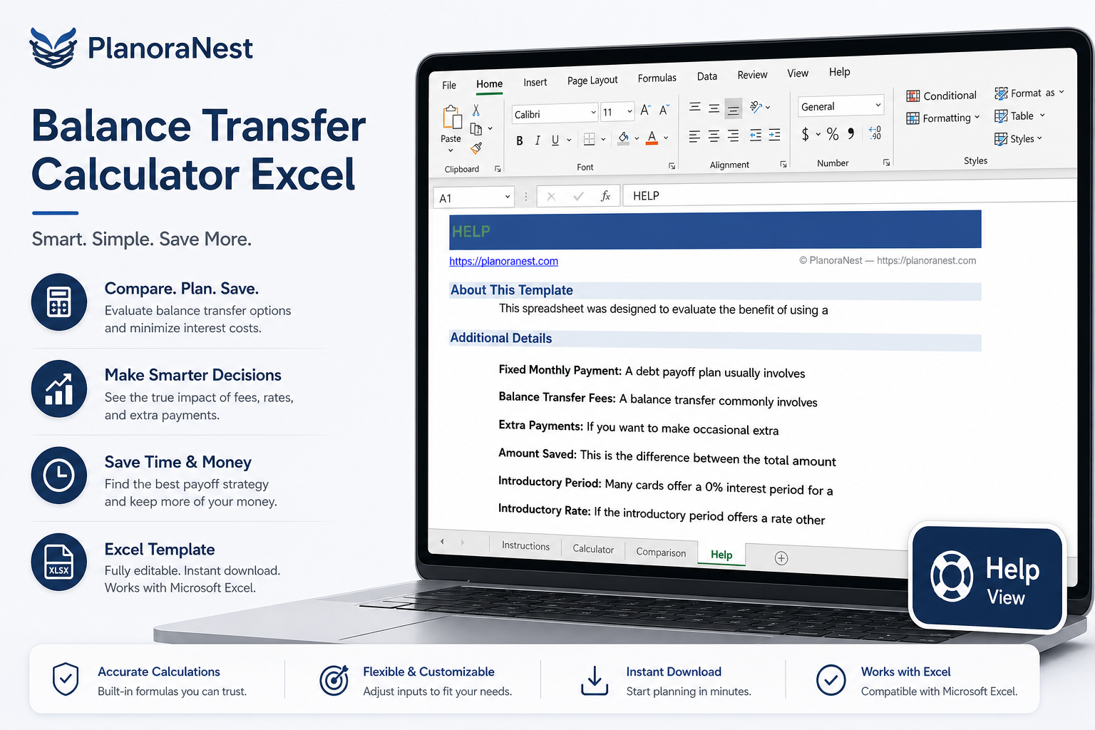 balance transfer calculator excel — Help sheet