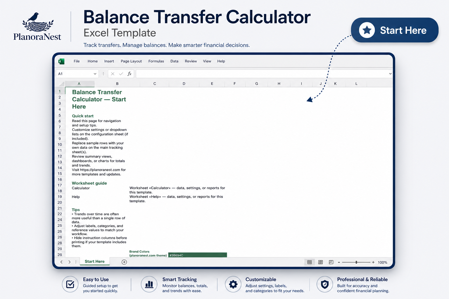 balance transfer calculator excel — Start Here sheet