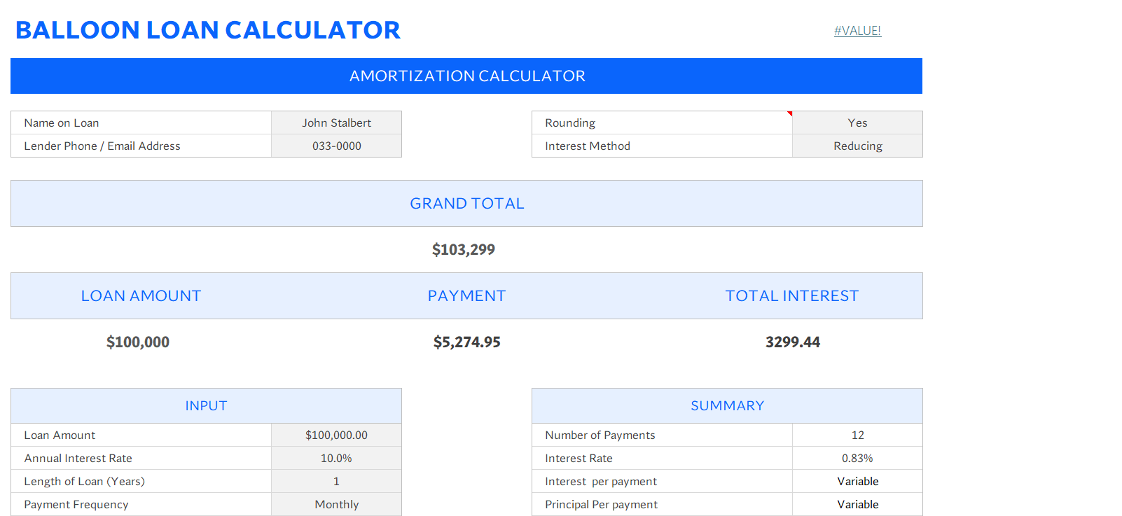 balloon loan calculator excel excel template screenshot — PlanoraNest Excel template