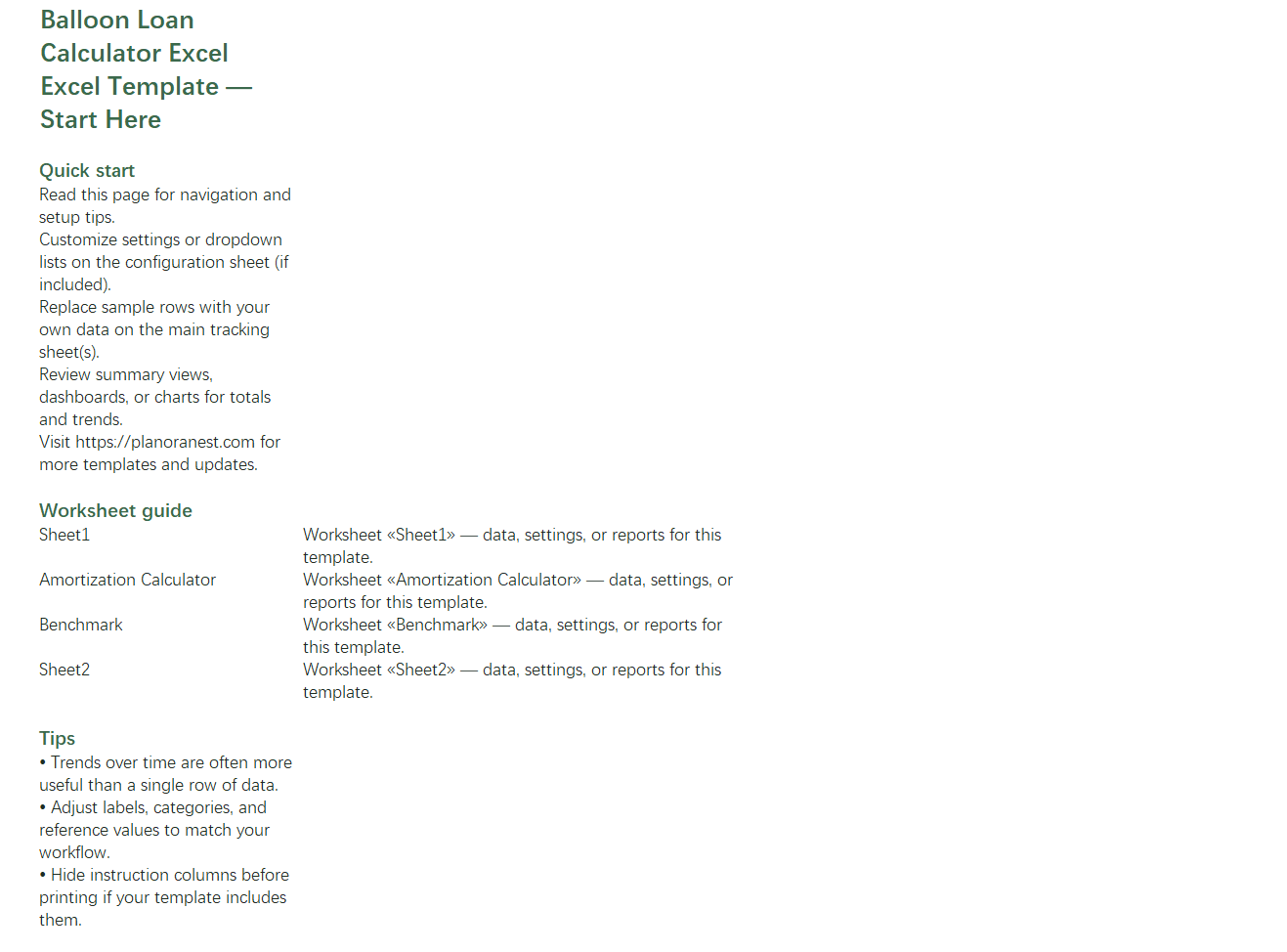 balloon loan calculator excel excel template start here screenshot — PlanoraNest Excel template