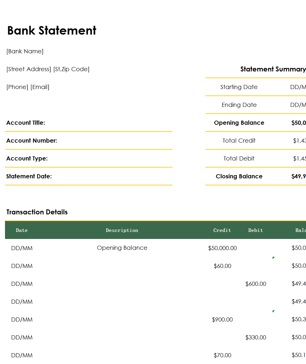 excel bank statement template template screenshot — PlanoraNest Excel template