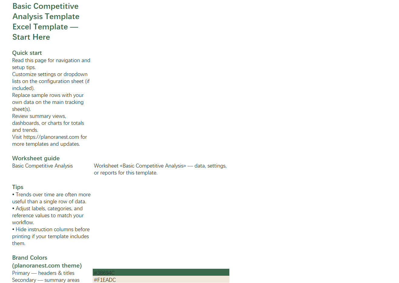 basic competitive analysis template excel start here screenshot — PlanoraNest Excel template