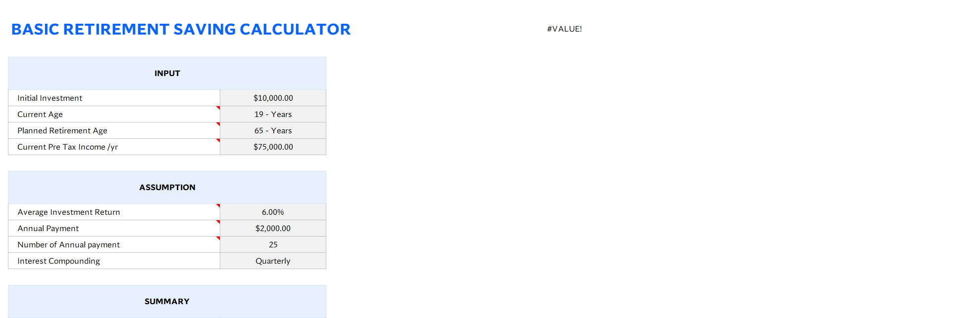 basic retirement savings calculator excel template screenshot — PlanoraNest Excel template