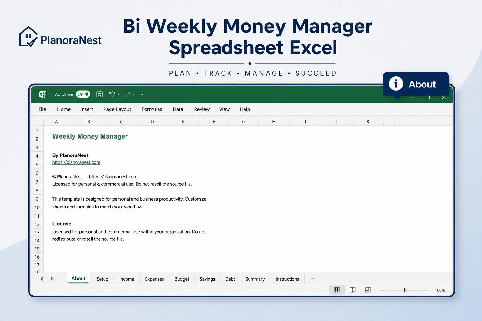 bi weekly money manager spreadsheet excel — About sheet