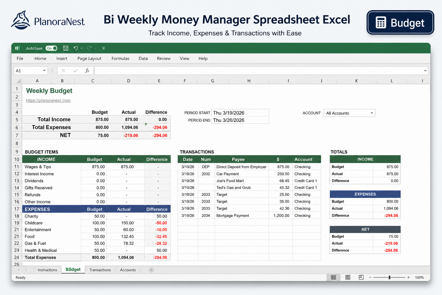 bi weekly money manager spreadsheet excel — Budget sheet