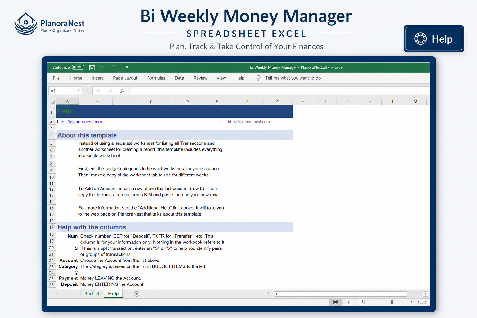 bi weekly money manager spreadsheet excel — Help sheet